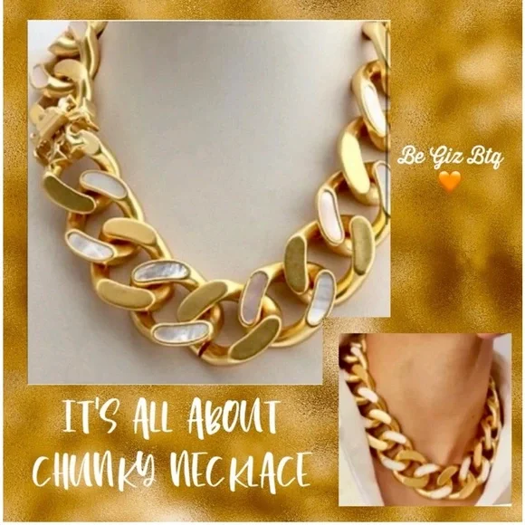 NWOT Tory Burch Authentic Roxanne Inlay Chunky Bold Statement Gold Necklace